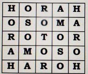 A five-by-five lettered square reading HORAH, OSOMA, ROTOR, AMOSO, HAROH