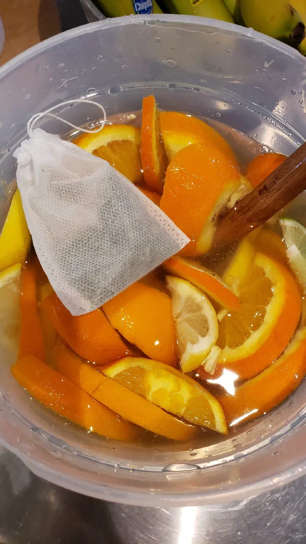 Put your fruit into the pitcher and add your crushed spearmint in a disposable tea bag.