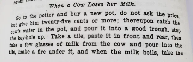 A printed charm page headed “When a Cow Loses her Milk”