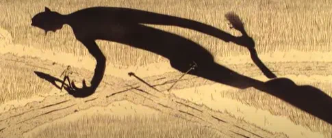The silhouette of a horned devil casting a long shadow across a stubble field