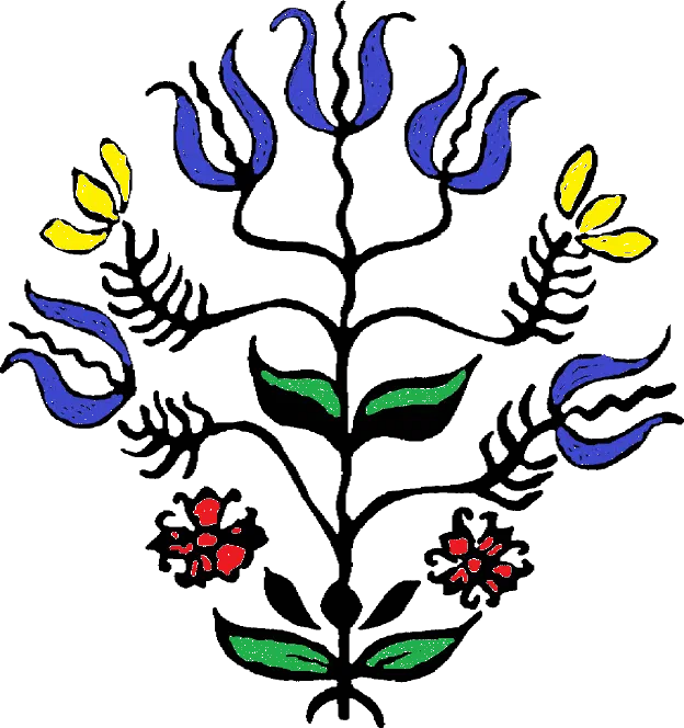 A symmetrical Pennsylvania German fraktur design: blue tulips and yellow buds on a black vine, with red blossoms and green leaves
