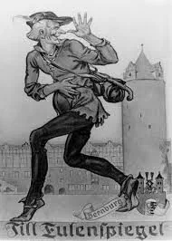 An engraving of Till Eulenspiegel holding an owl and a mirror before a walled town