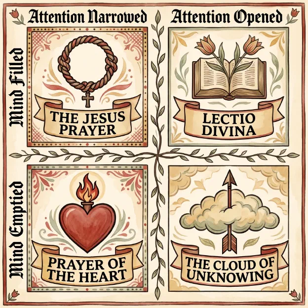 A map of meditation in the style of a Pennsylvania German fraktur, bordered with tulips, hearts and vines. Two columns, Attention Narrowed and Attention Opened, cross two rows, Mind Filled and Mind Emptied. Top left, a knotted prayer rope with a cross: The Jesus Prayer. Top right, an open Bible with two tulips growing from it: Lectio Divina. Bottom left, a red heart with a flame rising from it: Prayer of the Heart. Bottom right, a cloud pierced by an upward arrow: The Cloud of Unknowing.