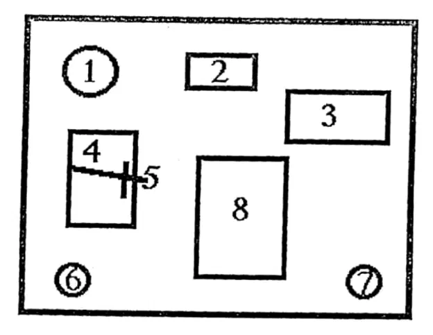 A plan of the altar as a rectangle with numbered objects: 1, a circle at upper left; 2, a small rectangle at top center; 3, a rectangle at upper right; 4, a rectangle at left crossed by 5, the dagger; 8, a large rectangle at center; 6 and 7, circles at the lower corners.