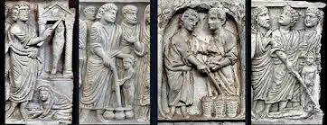 Four carved ivory panels showing scenes of Christ performing miracles with a rod