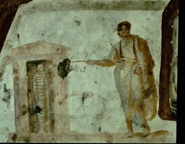 A catacomb fresco of Christ touching a mummified figure with a long rod