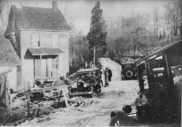 Photograph of the investigation at Nelson Rehmeyer's home, 1928.