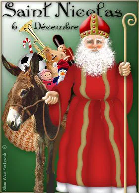 A vintage postcard of Saint Nicholas in red robes with a donkey laden with toys