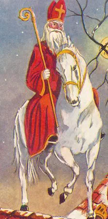 An illustration of Saint Nicholas in bishop's mitre riding a white horse