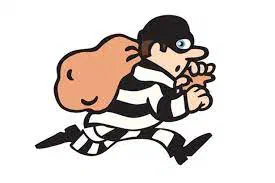 A cartoon burglar running with a sack over his shoulder